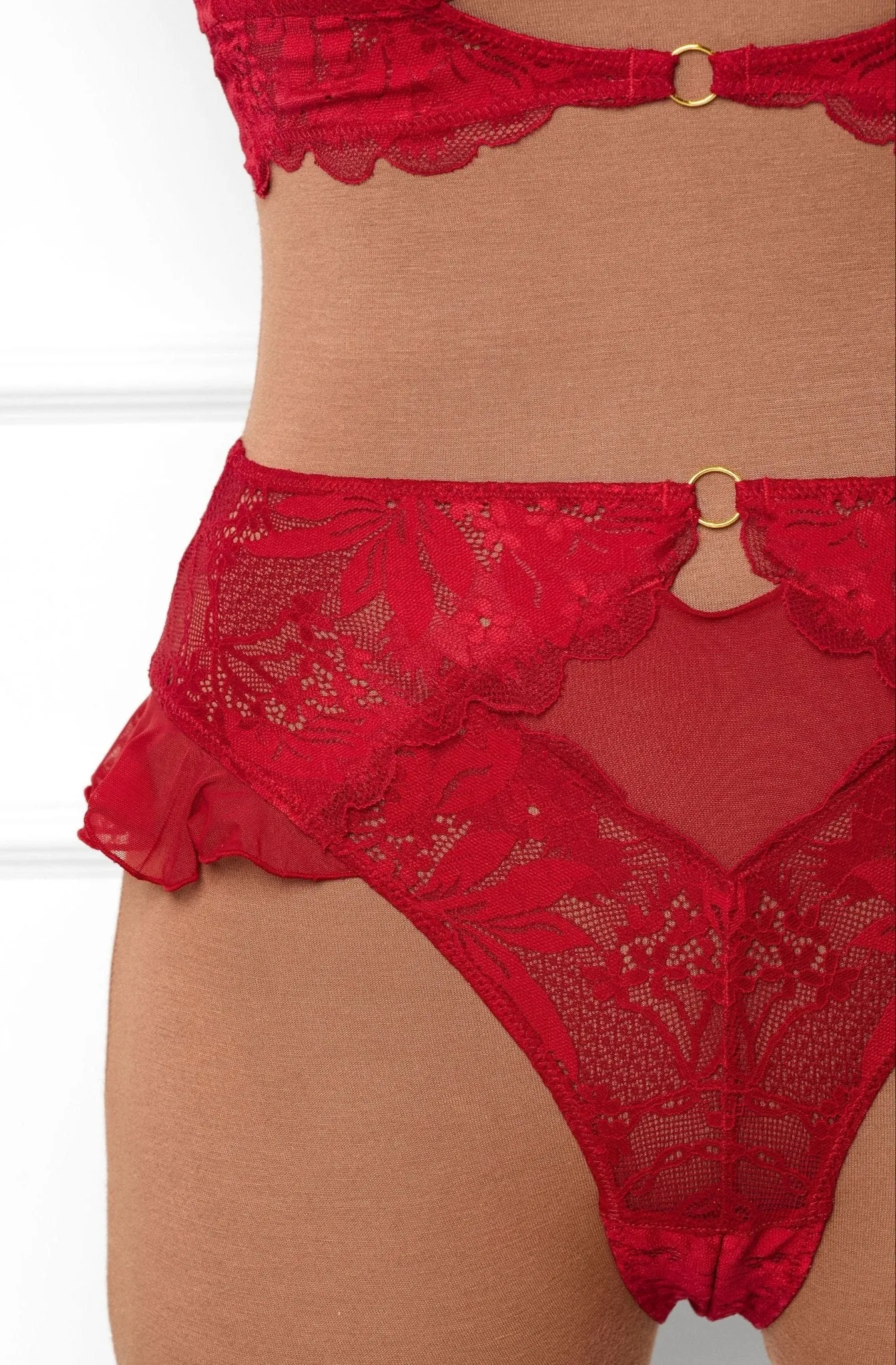 Lacy High Leg Crotchless Panty - Red