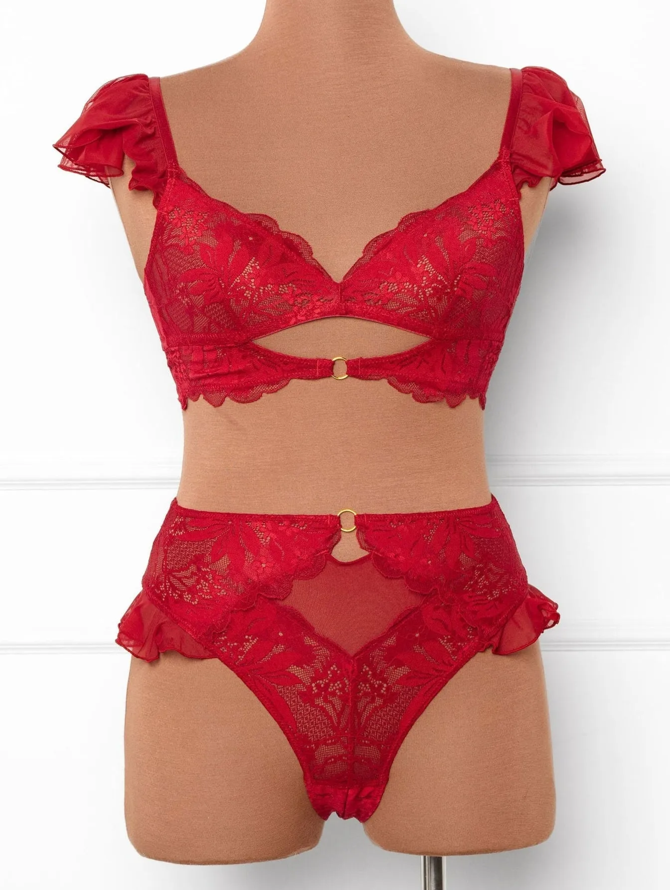 Lacy High Leg Crotchless Panty - Red