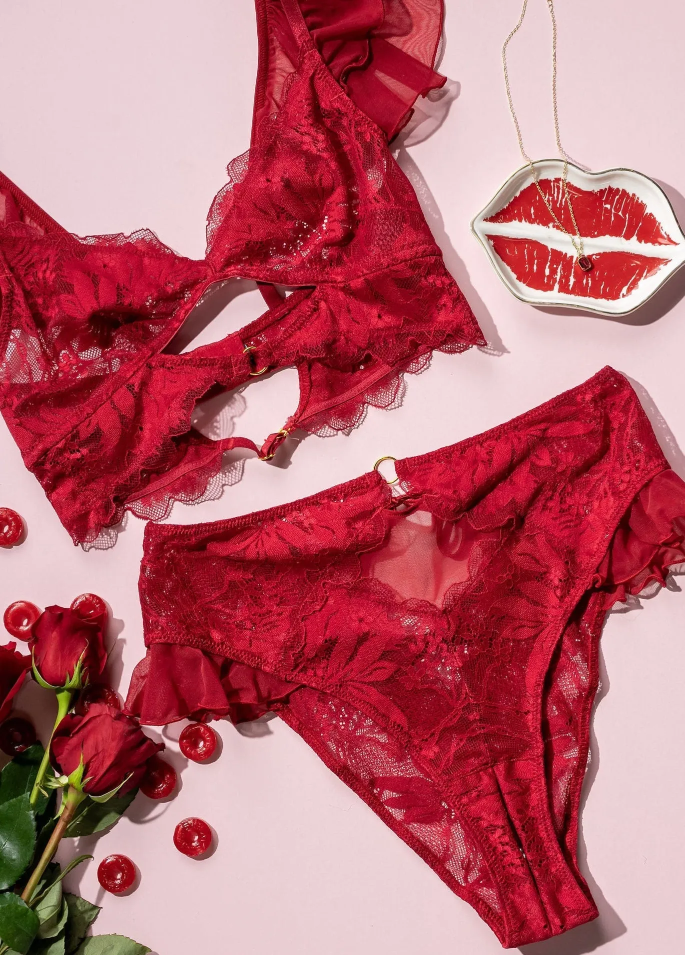 Lacy High Leg Crotchless Panty - Red