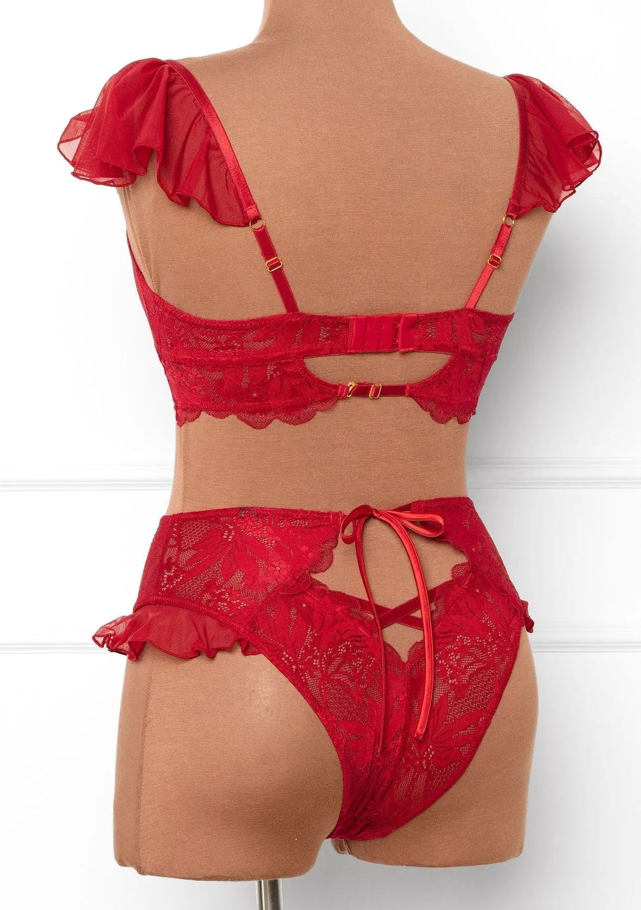 Lacy High Leg Crotchless Panty - Red