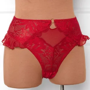 Lacy High Leg Crotchless Panty - Red