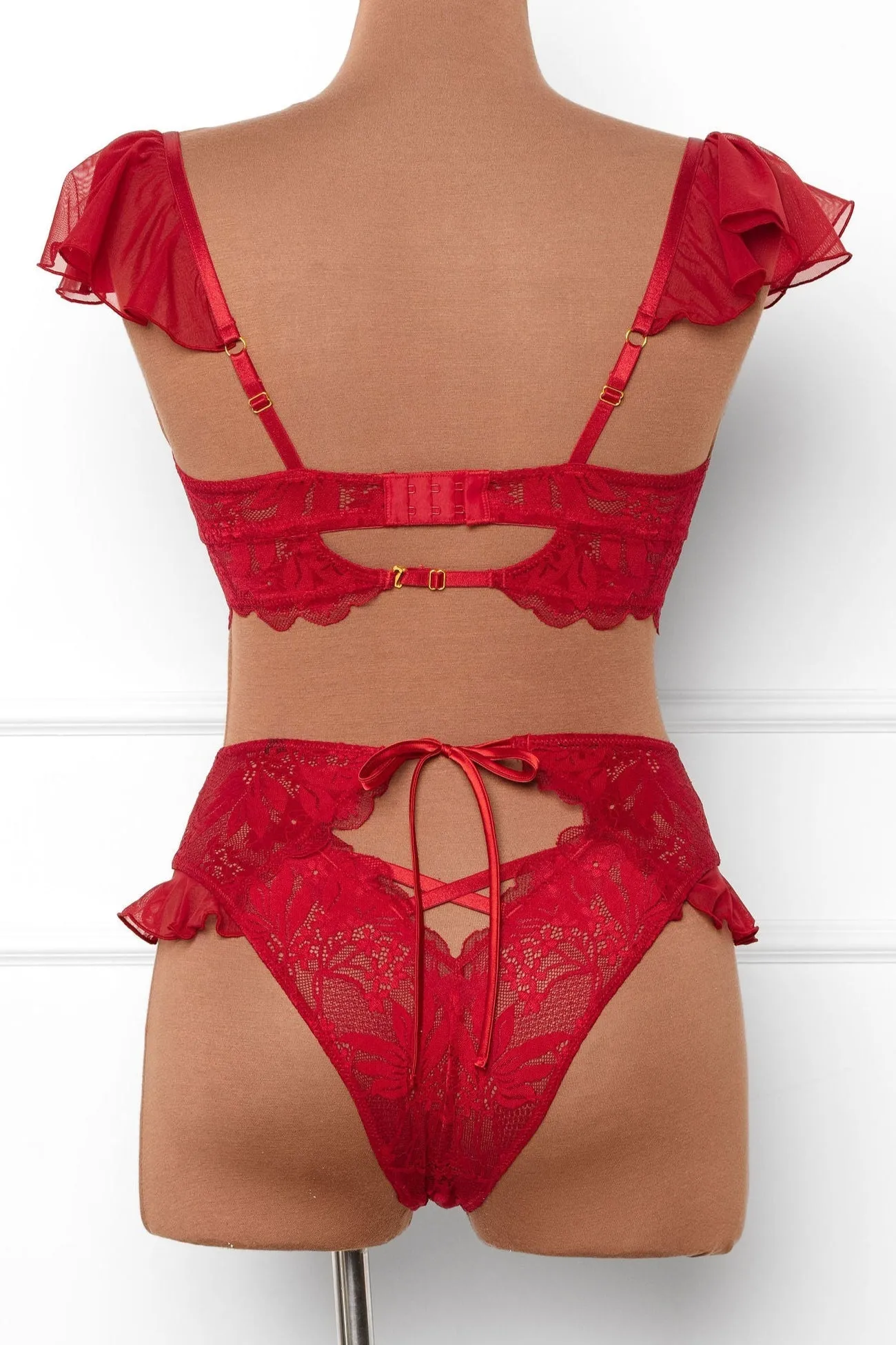 Lacy High Leg Crotchless Panty - Red