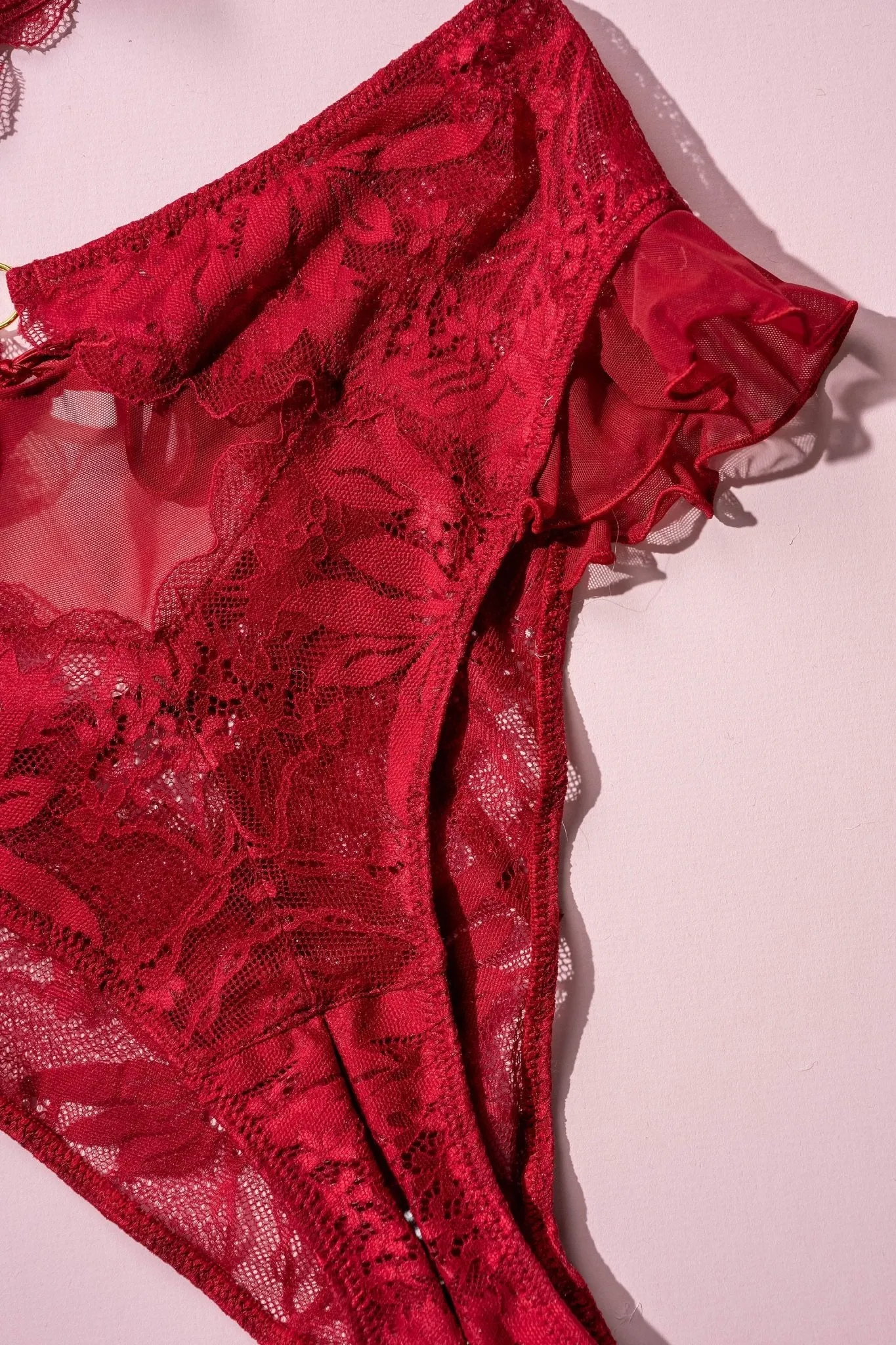 Lacy High Leg Crotchless Panty - Red