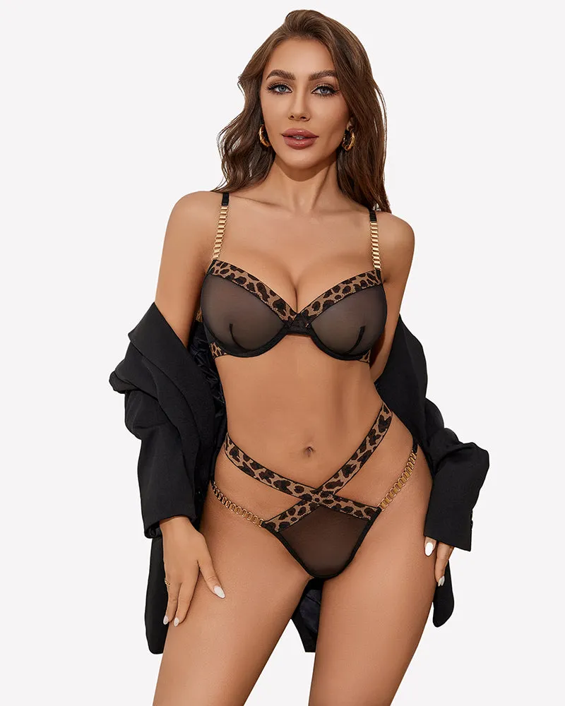 Leopard Push Up with Chain Bra Panty Set