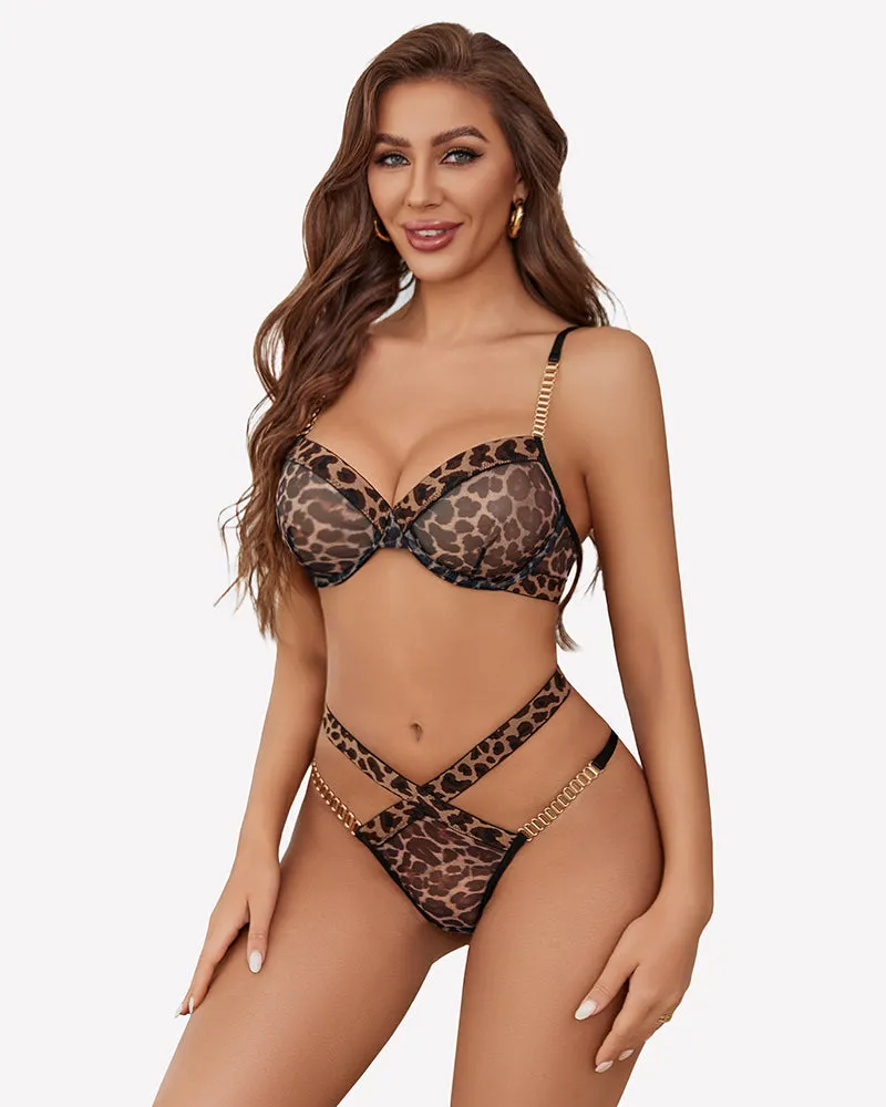 Leopard Push Up with Chain Bra Panty Set