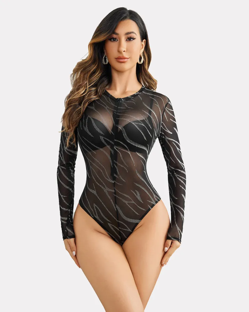 Mesh Zipper Sheer Bodysuit