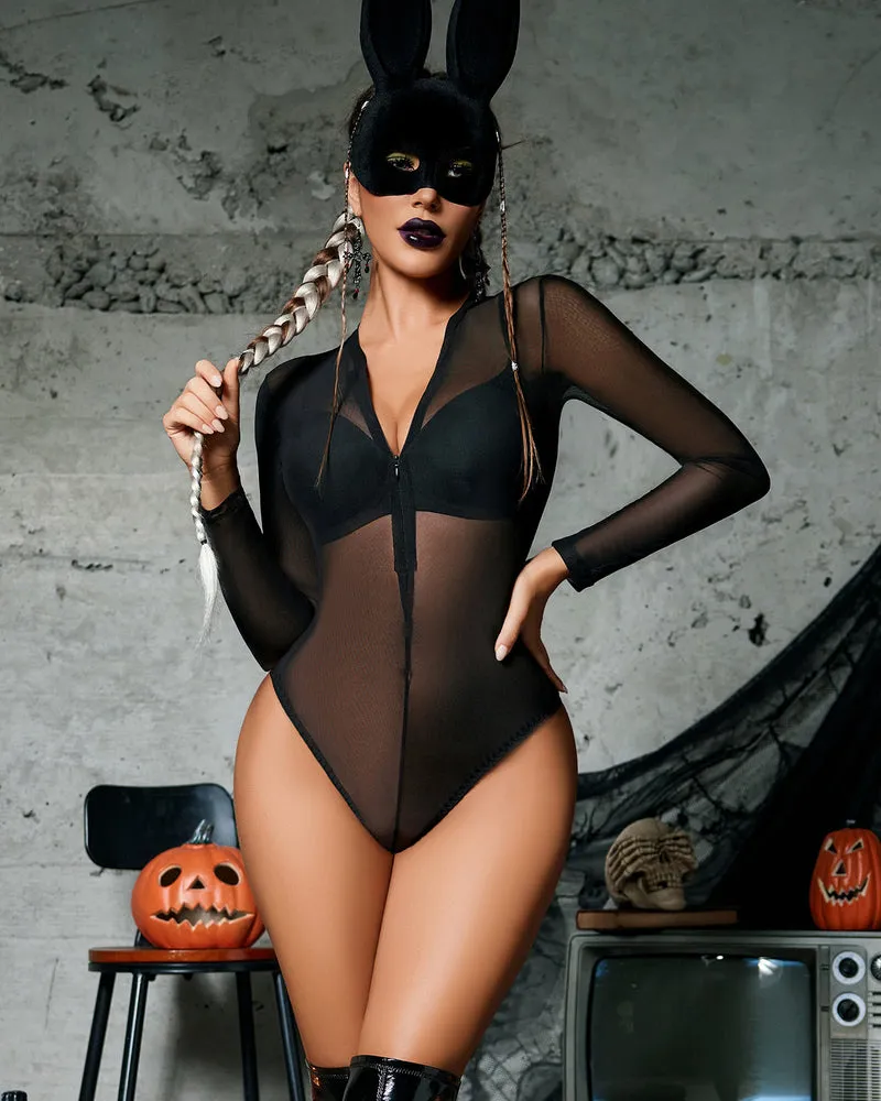 Mesh Zipper Sheer Bodysuit