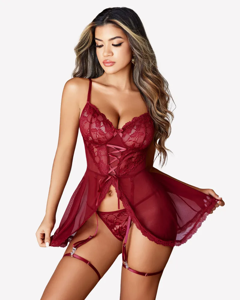 Open Front Mesh Babydoll with Garter Belts
