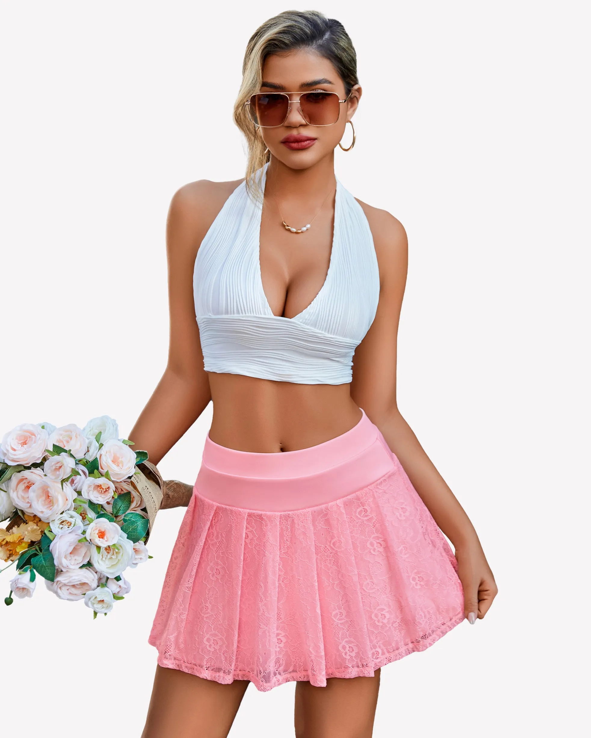 Pleated Skater Skirt Lace Flared Mini Skirts