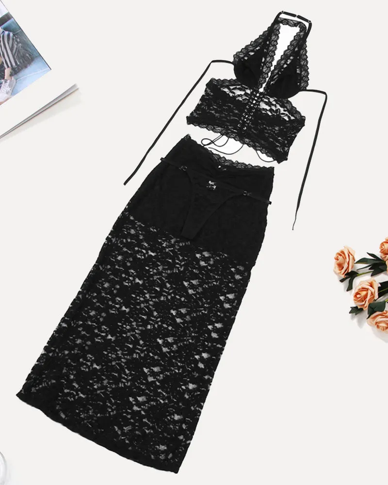 Plunge Neck Halter Lace Two-piece Set