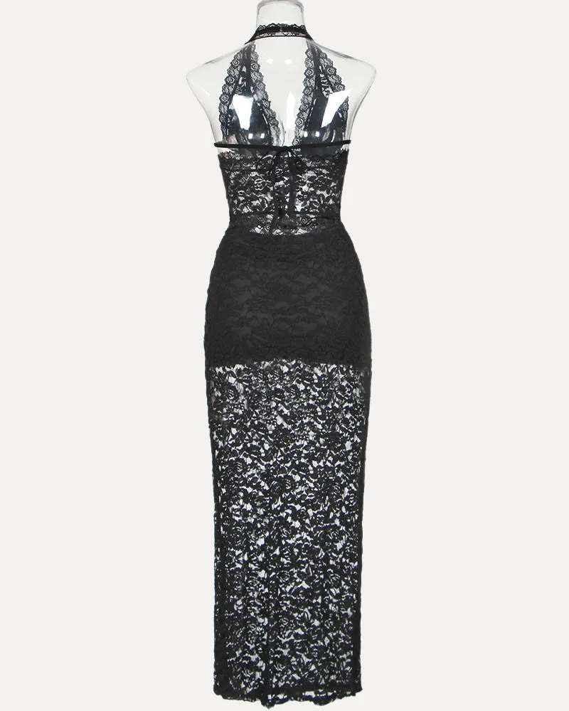 Plunge Neck Halter Lace Two-piece Set