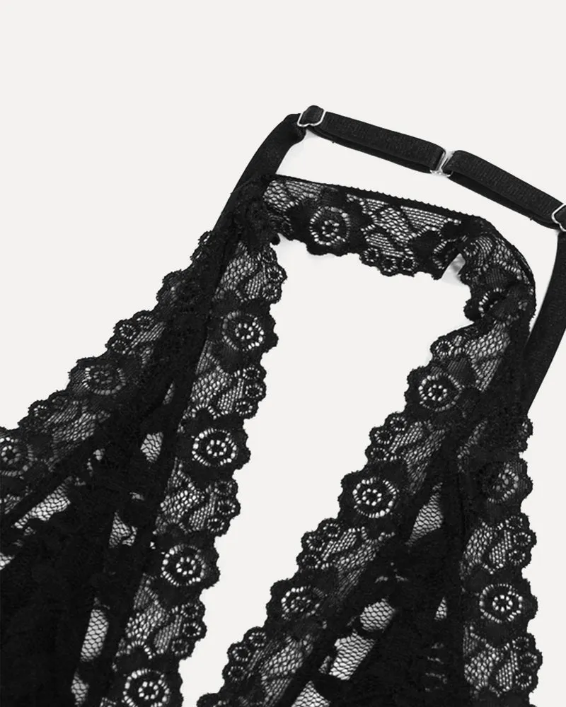 Plunge Neck Halter Lace Two-piece Set