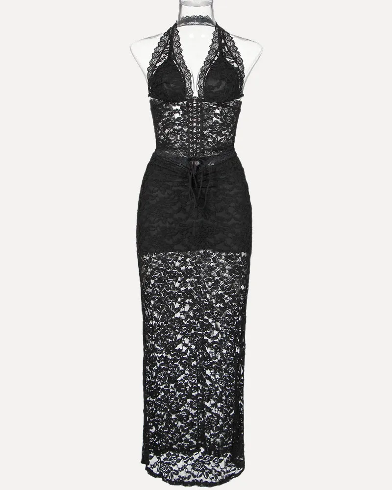 Plunge Neck Halter Lace Two-piece Set