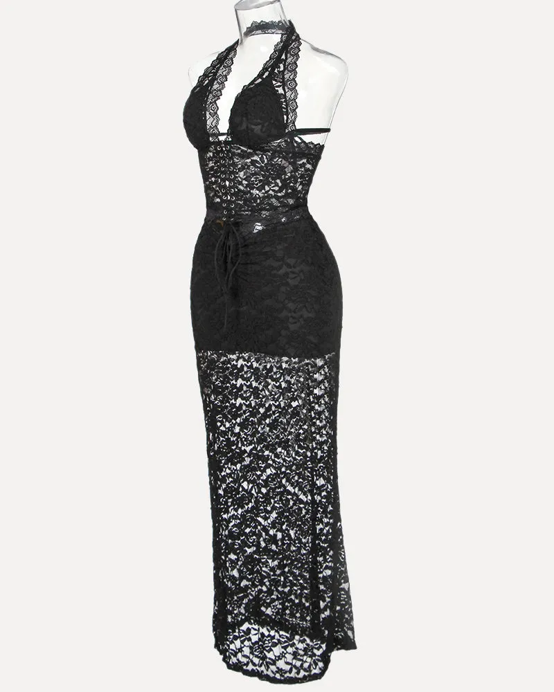 Plunge Neck Halter Lace Two-piece Set
