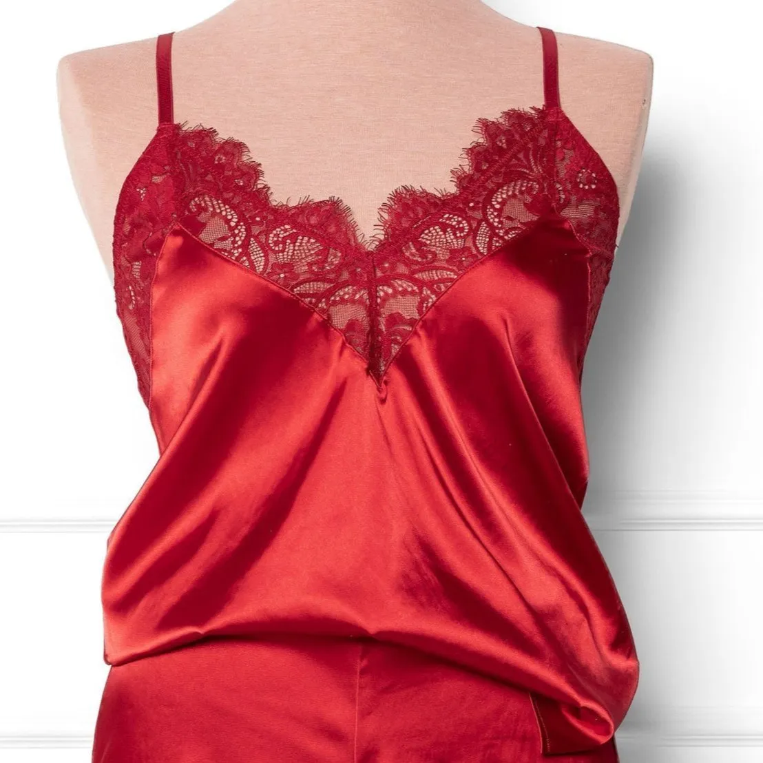 Satin & Eyelash Lace Cami - Red