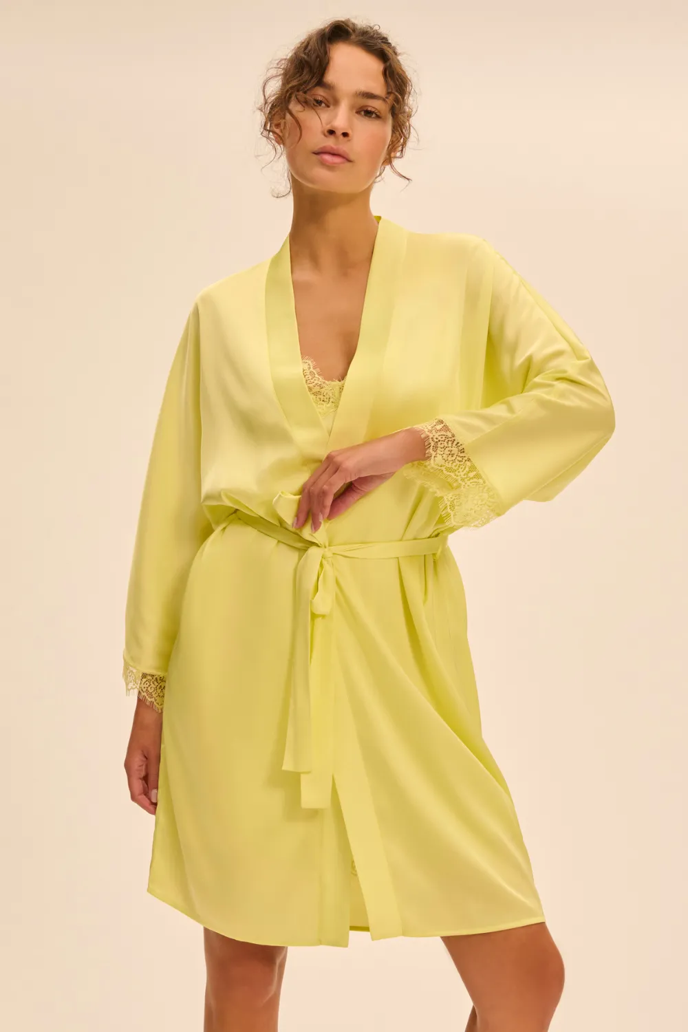 Satin Secrets Mid-Length Kimono in Yellow