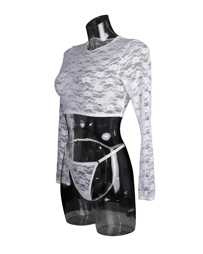 See-through Long Sleeve Lace Blouse Set