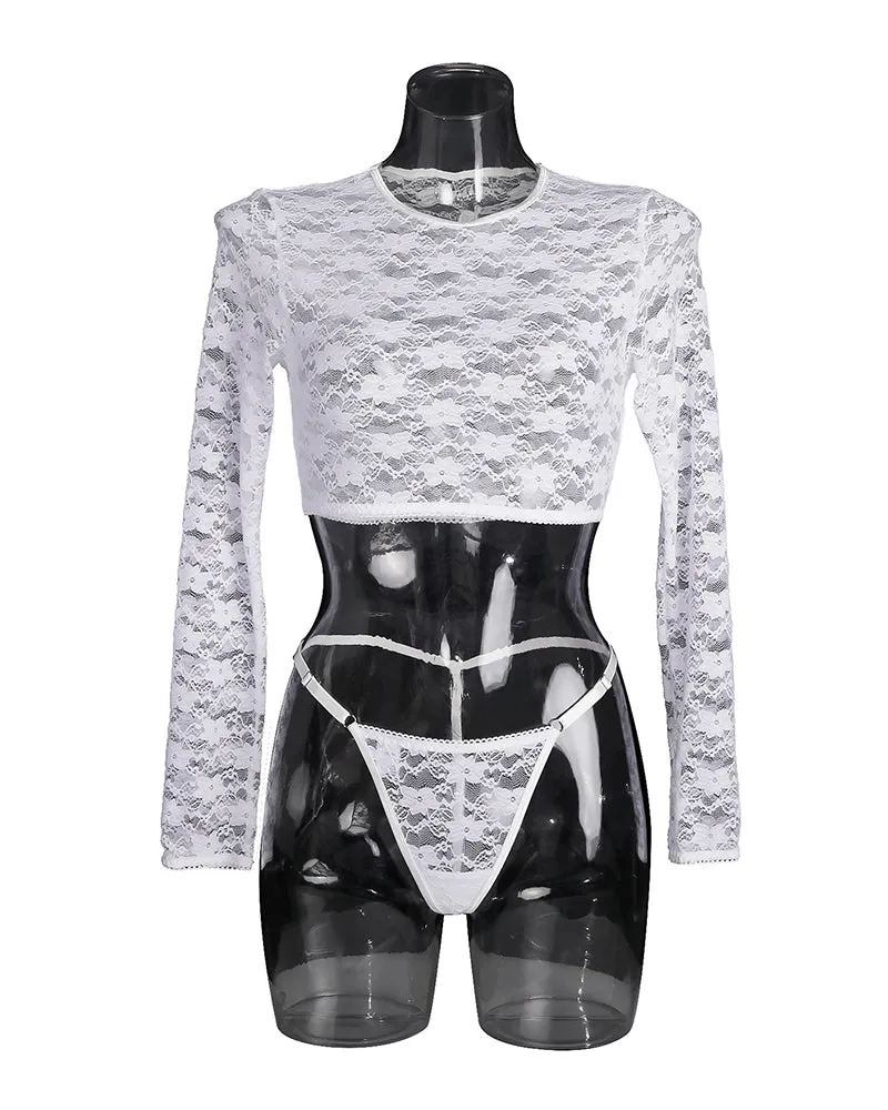 See-through Long Sleeve Lace Blouse Set