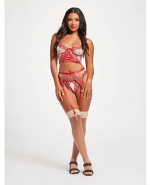 Sheer Stretch Mesh W/floral Contrast Embroidery Bustier. Garter Belt & Thong Red/nude