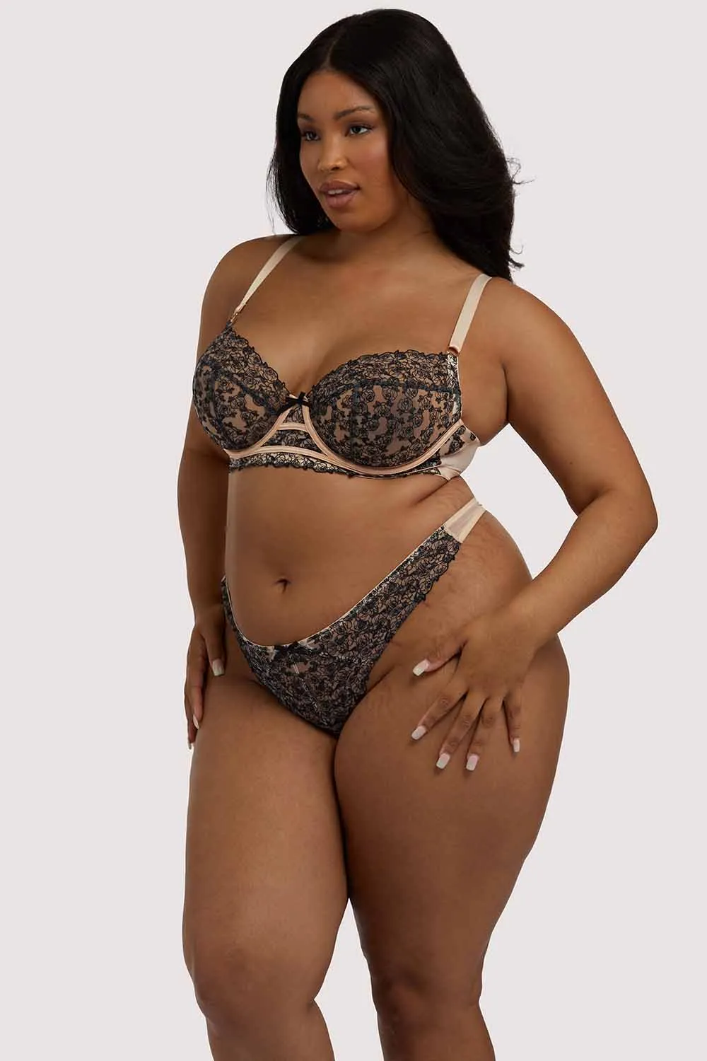 Skull & Roses Embroidery Peach Balcony Bra
