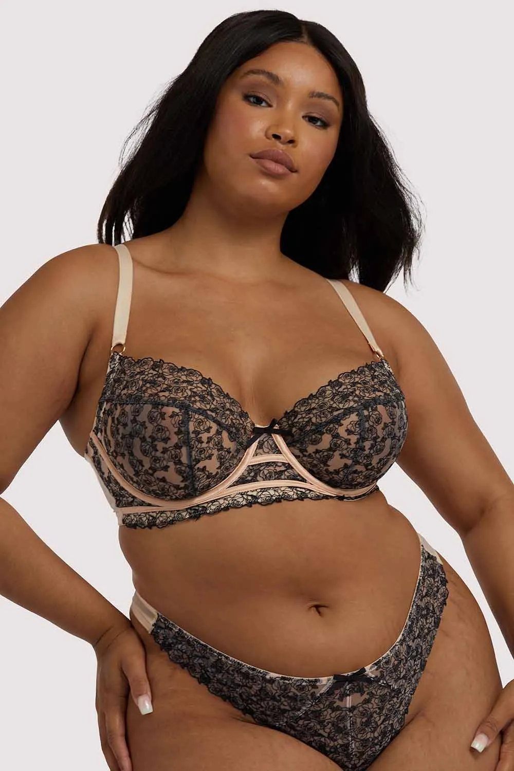 Skull & Roses Embroidery Peach Balcony Bra
